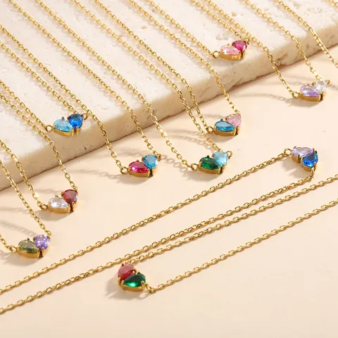 Stainless Steel Two-Tone Heart Pendant Necklace Colorful Water Drop Rhinestone Birthstone 14K Gold Plated Vintage Jewelry