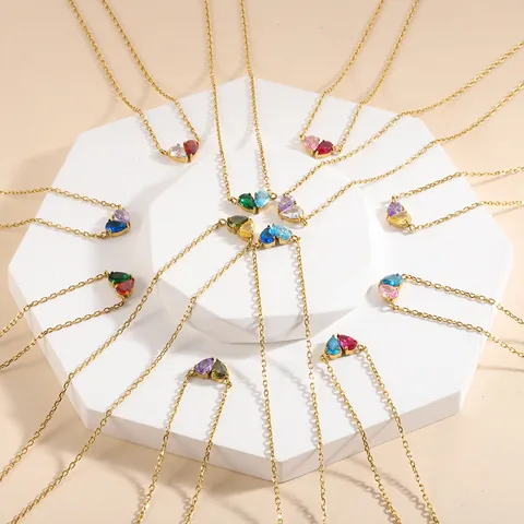 Stainless Steel Two-Tone Heart Pendant Necklace Colorful Water Drop Rhinestone Birthstone 14K Gold Plated Vintage Jewelry