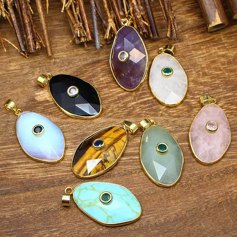 Geometrischer Naturstein Anhänger Unregelmäßiger Facettierter Kristall Mit Zirkonia Vergoldet Mode Schmuck Zubehör Für Damen