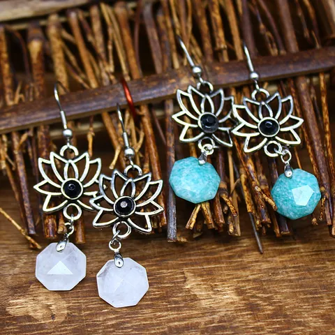 Vintage Lotus Blume Naturstein Hängeohrringe Für Damen Chinesischer Stil Amazonit Opal Amethyst Hexagonal Kristall Schmuck