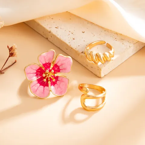 Pastoraal Roze Emaille Bloem Open Teenring Set Voor Dames Lichtgoud Spiraal Lijn Voetring Vakantie Sieraden Accessoires