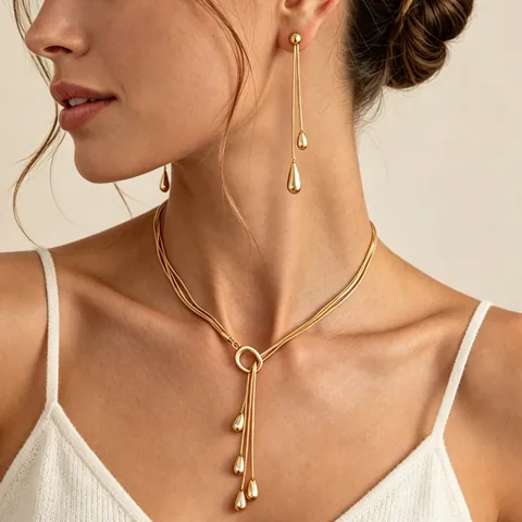 Fashion O-Ring Clasp Water Drop Pendant Necklace Snake Bone Chain Earring Set For Women Chic Jewelry Set Gold Silver Necklaces