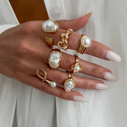 Collezione di Anelli Aperti in Lega di Zinco Barocco Vintage Perla Artificiale per Donna Anelli Oro Geometrici Intrecciati per Festa Gioielli