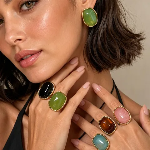 Orecchini a Bottone Geometrici in Resina di Acciaio Inossidabile 304 Vintage Anello Intarsiato Multicolore Moda Donna