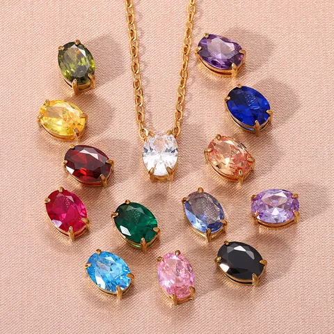 Colgante de Circonia Ovalada de Piedra de Nacimiento de Acero Inoxidable para Joyería DIY Dijes de Piedra para Mujer Regalo