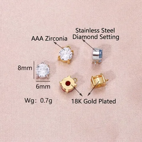 Colgantes de Piedra de Nacimiento de Circonia Chapados en Oro de 18K de 6mm Redondos de Acero Inoxidable Accesorios DIY para Mujer