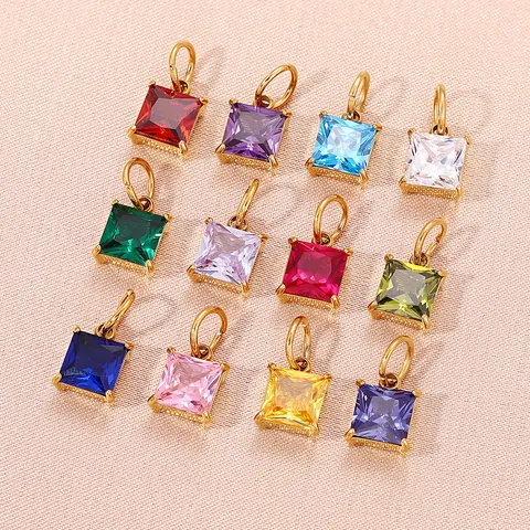 Colgante de Piedra de Nacimiento Cuadrado Acero Inoxidable Circonia Baño de Oro 18K DIY Creación de Joyas Collar Pulsera