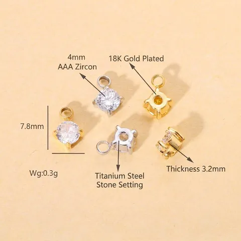 Round Birthstone Zirconia Mini Pendant Stainless Steel Claw Plated CZ Charm For DIY Jewelry Making Accessories
