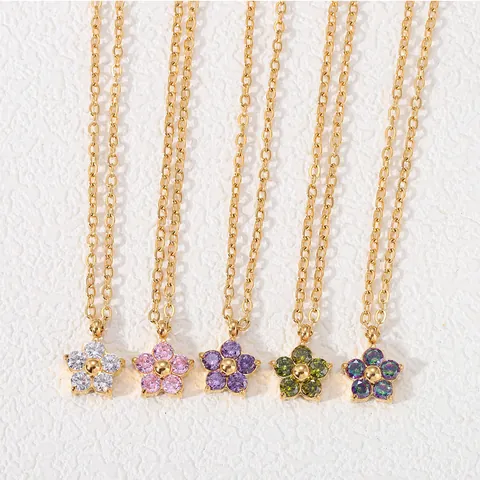 Titanstahl Zirkonia Blume Anhänger Halskette 18K Vergoldet Fünf Blätter Pflaumenblüte Schlüsselbein Kette Für Damen Schmuck Geschenk