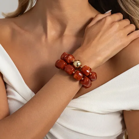Maillard Style Resin Bracelet Vintage Colorful Dyeing Resin Bangle Retro Candy Color Elastic Bracelet With Gold Alloy Ball Women Jewelry