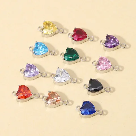 Colgante Conector de Circonia en Forma de Corazón Engaste de Garras de Acero Inoxidable Doble Anillo CZ Charms para DIY Collar Pulsera Accesorios de Joyería