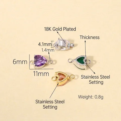 Colgante Conector de Circonia en Forma de Corazón Engaste de Garras de Acero Inoxidable Doble Anillo CZ Charms para DIY Collar Pulsera Accesorios de Joyería
