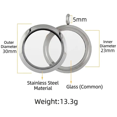 Pendentif Médaillon Flottant en Verre Rond Acier Inoxydable 30mm 25mm Vissage Poli Lisse Médaillon Bijoux Collier
