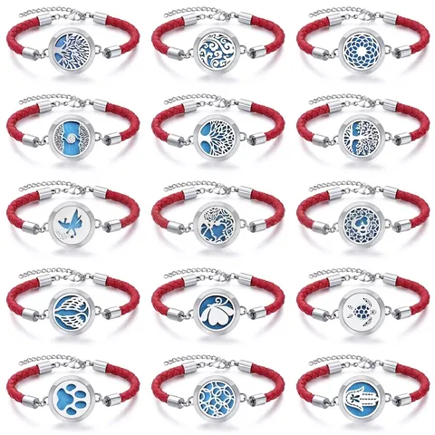 Bracciale Diffusore di Oli Essenziali per Aromaterapia Cordino in Pelle Intrecciata Rossa Medaglione Magnetico in Acciaio Inossidabile per Donna Gioielli