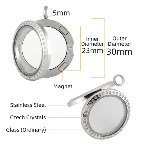 Stainless Steel Round Glass Floating Locket Pendant With Rhinestone Magnetic Opening Memory Locket For Women DIY Jewelry Making