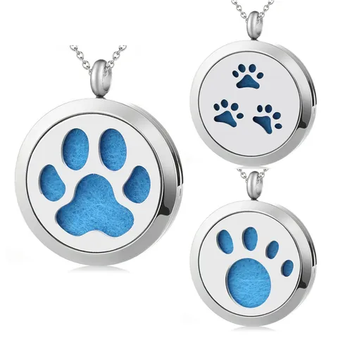 Stainless Steel Cartoon Pet Paw Print Hollow Aromatherapy Diffuser Necklace Pendant Round Magnet Essential Oil Perfume Pendant