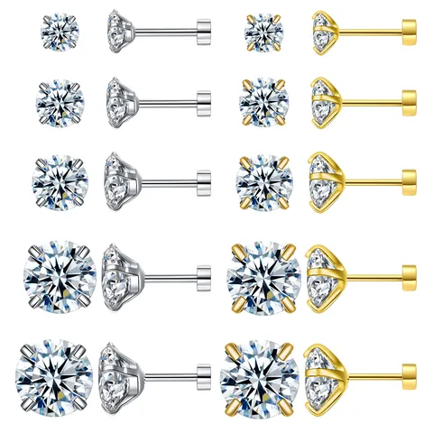 Minimalistische Titanstahl Zirkonia Ohrstecker Für Damen AAA Rund Zirkonia Vier Krallen Flache Rückseite Schraube Knorpel Piercing Schmuck