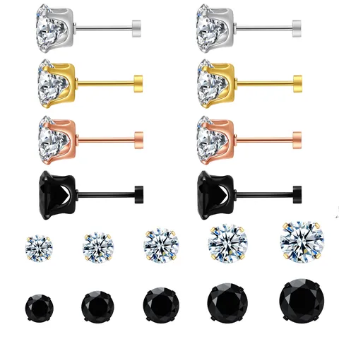 Titanium Steel AAA Zirconia Stud Earrings Flat Back Round CZ Ear Bone Stud Earrings For Women Men Stainless Steel Piercing Jewelry