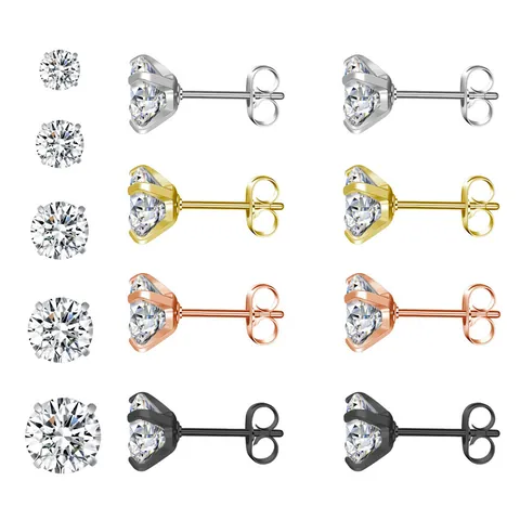 Pendientes de Botón Simples de Acero Inoxidable con Circonia de Cuatro Garras Cierre de Mariposa Redondo Circonia Joyería Unisex