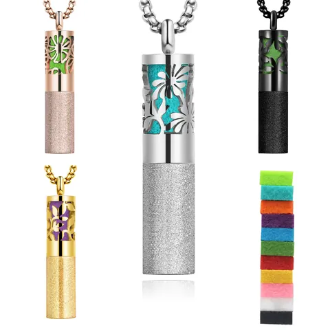 Collar Difusor de Aromaterapia de Acero Inoxidable Colgante de Frasco de Perfume Esmerilado Cadena de Suéter de Flor Calada Joyería Mujer