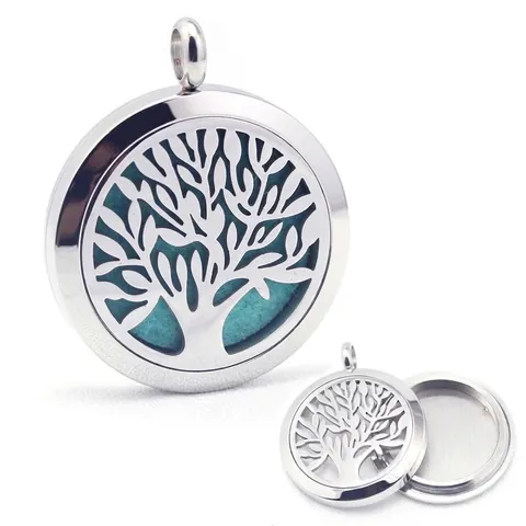 Collier Diffuseur d'Huiles Essentielles Arbre de Vie en Acier Inoxydable Pendentif d'Aromathérapie Rond Bijoux pour Femmes