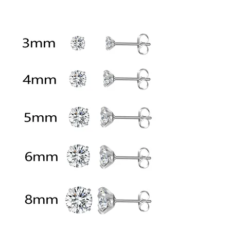 Pendientes de Botón Simples de Acero Inoxidable con Circonia de Cuatro Garras Cierre de Mariposa Redondo Circonia Joyería Unisex