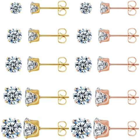 Stainless Steel Four-Prong Zirconia Stud Earrings For Women Men Fashion Round Shiny Zirconia Earrings Jewelry Accessory Gift