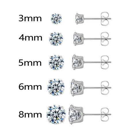 Stainless Steel Four-Prong Zirconia Stud Earrings For Women Men Fashion Round Shiny Zirconia Earrings Jewelry Accessory Gift
