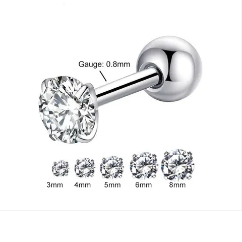Stainless Steel Four Prong Rhinestone Stud Earrings For Women Men Minimalist Round Ball Back Ear Bone Fashion Jewelry