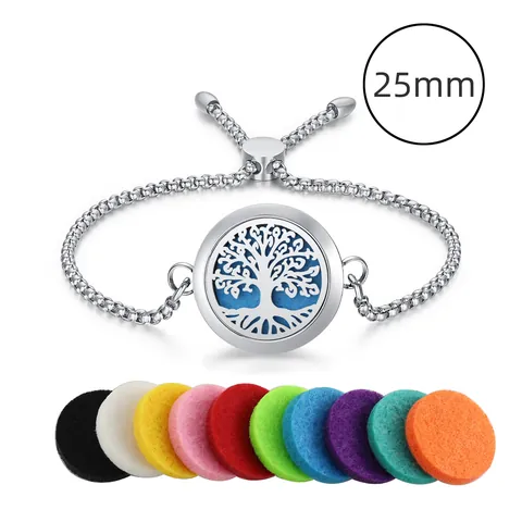 Stainless Steel Aromatherapy Diffuser Bracelet With 25mm Round Locket Tree Of Life Adjustable Bolo Slider Chain Bracelet With Pads