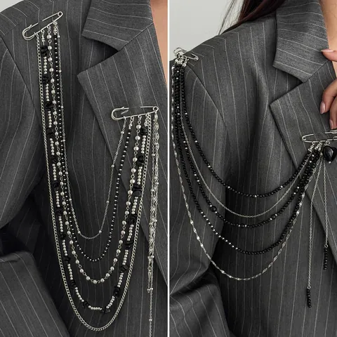 Punk Hip Hop Multilayer Chain Brooch For Women Silver Black Rhinestone Heart Tassel Safety Pin Brooch Jewelry For Suit Coat Jacket Decoration
