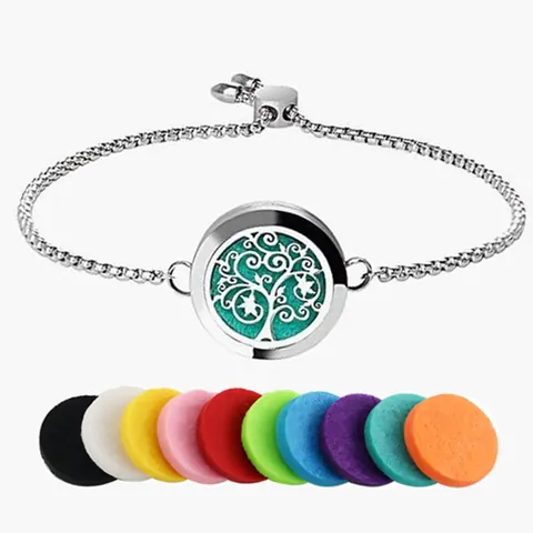 Stainless Steel Aromatherapy Diffuser Bracelet With 25mm Round Locket Tree Of Life Adjustable Bolo Slider Chain Bracelet With Pads