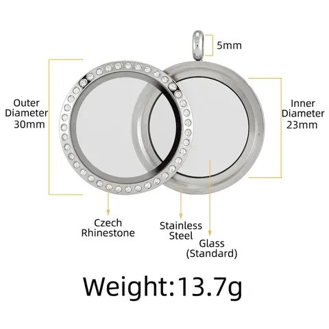 Round Stainless Steel Floating Glass Locket Pendant For Women Rhinestone Embellished Screw Top Memory Photo Holder Jewelry