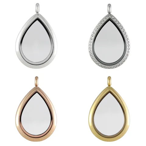 Stainless Steel Teardrop Floating Locket Pendant With Glass Rhinestone Inlaid Memorial Charm Jewelry For Women Necklace Accessory