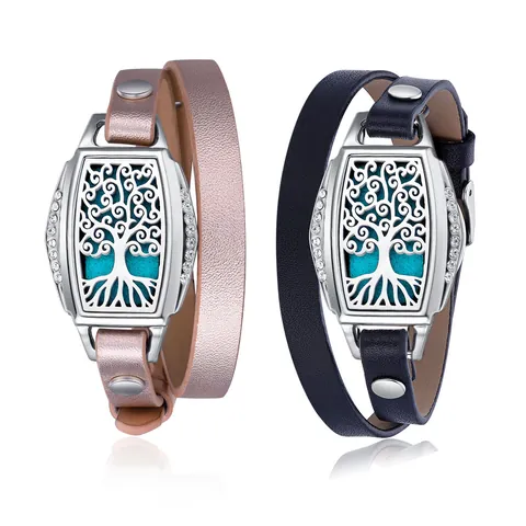 Stainless Steel Aromatherapy Bracelet For Women Rectangular Hollow Locket Real Leather Double Wrap Strap Rhinestone Essential Oil Diffuser Bracelet
