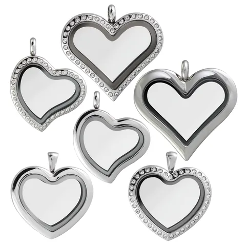 Heart Shaped Floating Locket Pendant Necklace Stainless Steel Glass Memory Frame Jewelry For Women Gold Silver Rhinestone Necklace