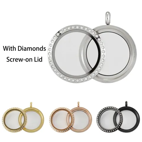 Round Stainless Steel Floating Glass Locket Pendant For Women Rhinestone Embellished Screw Top Memory Photo Holder Jewelry
