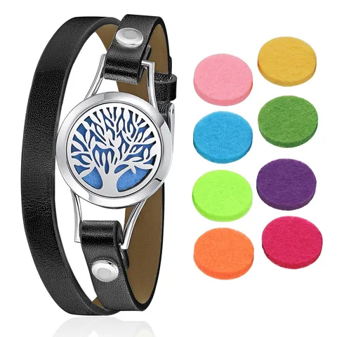 Roestvrijstalen Aromatherapie Essentiële Olie Diffuser Armband Echt Leer Dubbele Wikkel Holle Levensboom Medaillon Polsband Met Navulads