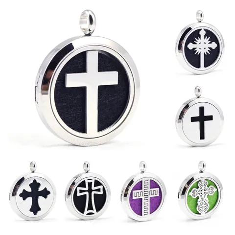 Stainless Steel Cross Hollow Aromatherapy Essential Oil Diffuser Pendant Necklace With Ten Refill Pads Locket Jewelry For Women Men