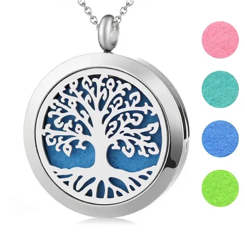 Collar Difusor de Aromaterapia con Aceites Esenciales Árbol de la Vida de Acero Inoxidable Colgante Redondo Magnético