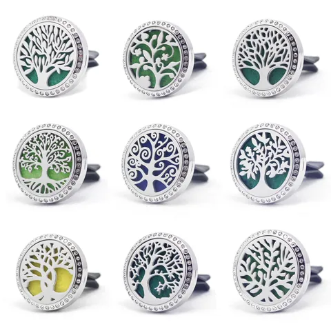Stainless Steel Car Aromatherapy Diffuser Vent Clip 30mm Rhinestone Hollow Tree of Life Locket Car Fragrance Air Freshener