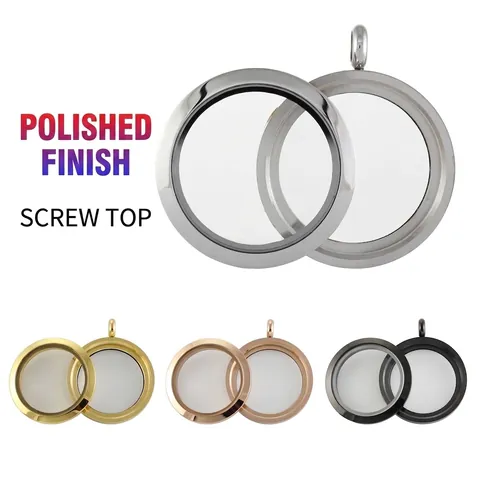 Pendentif Médaillon Flottant en Verre Rond Acier Inoxydable 30mm 25mm Vissage Poli Lisse Médaillon Bijoux Collier