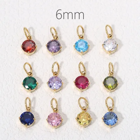 Colgante de Circonia Redondo de Acero Inoxidable 6mm Piedra de Nacimiento DIY para Collar Pulsera Fabricación Dijes Coloridos Accesorio