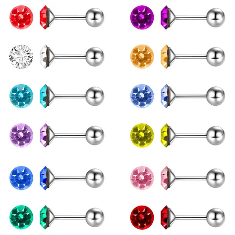 Stainless Steel Birthstone Stud Earrings 12 Colors Rhinestone Inlaid Geometric Screw Back Earrings For Women Jewelry Gift