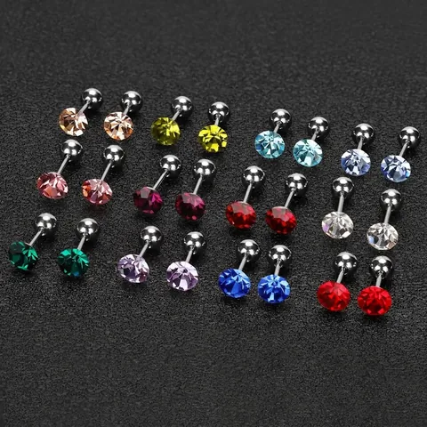 Stainless Steel Birthstone Stud Earrings 12 Colors Rhinestone Inlaid Geometric Screw Back Earrings For Women Jewelry Gift