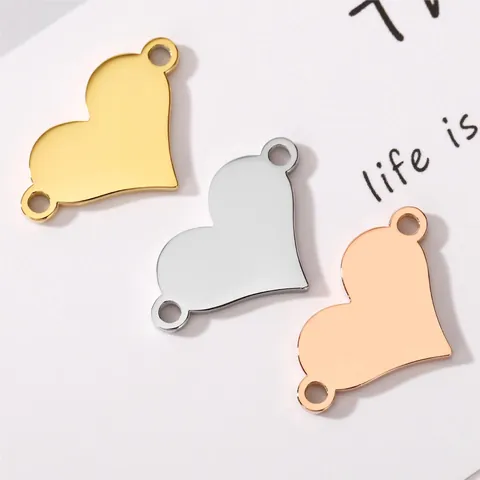 Stainless Steel Heart Pendant Connector Double Hole Heart Shaped Blank Engravable Charms For DIY Necklace Bracelet Making Jewelry Finding Accessories