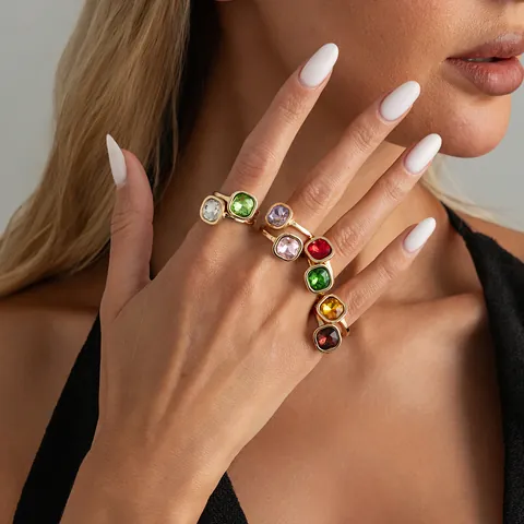 Vrouwen Kleurrijke Kristal Strass Verstelbare Open Ring Individueel Trendy Legering Mode Geometrische Vierkante Vingerringen Sieraden