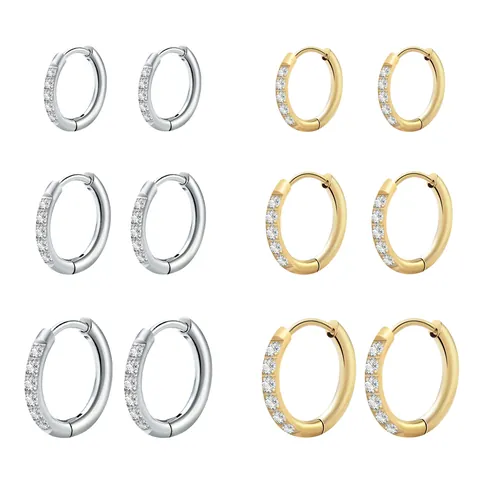 Stainless Steel Micro Pave Zirconia Hoop Earrings For Men Women Unisex Minimalist Circle Round Wire Hoop Earrings Fashion Jewelry Gift