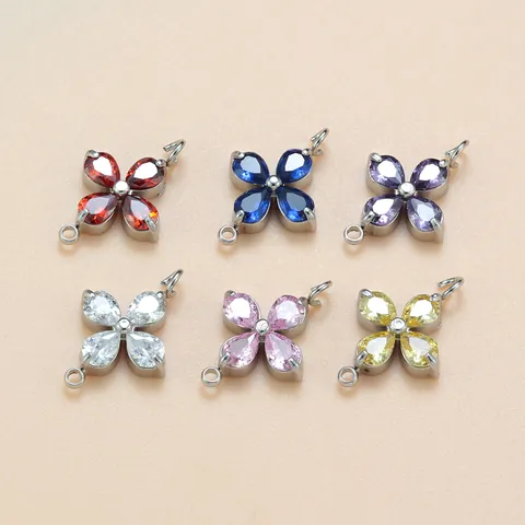 Titanium Steel Zirconia Four Leaf Clover Pendant DIY Jewelry Making Connector For Necklace Bracelet Double Loop Charms