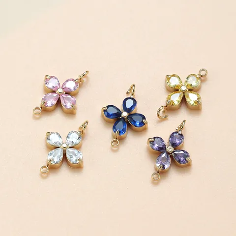 Titanium Steel Zirconia Four Leaf Clover Pendant DIY Jewelry Making Connector For Necklace Bracelet Double Loop Charms